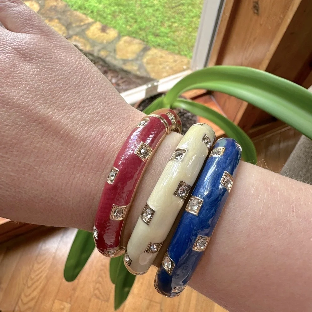 Set of 3 Red, White & Blue Enameled Bangles Hinged Patriotic Clamper Bracelet - Picture 3 of 15